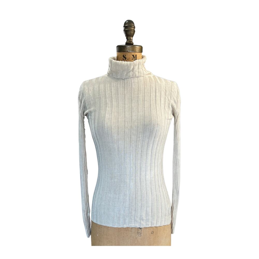 BLANC BLEU 1990s Small Vintage Beige Cream 100% Silk Ribbed Turtleneck